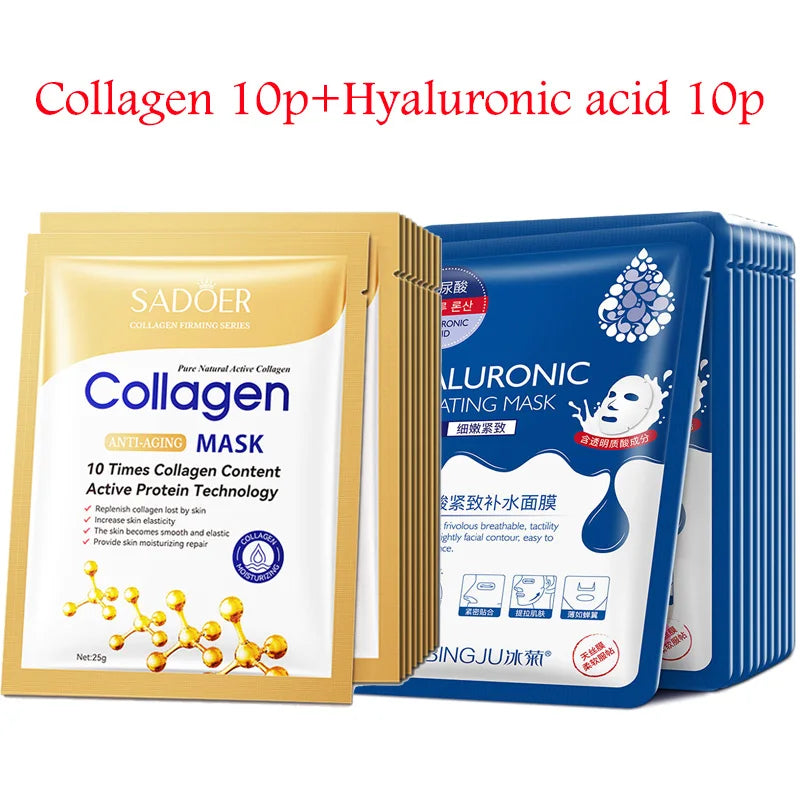 20Pcs Hyaluronic Acid Collagen Facial Sheet Masks