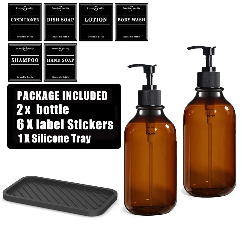 500ml Brown Refillable Soap Dispenser Set with Black Label